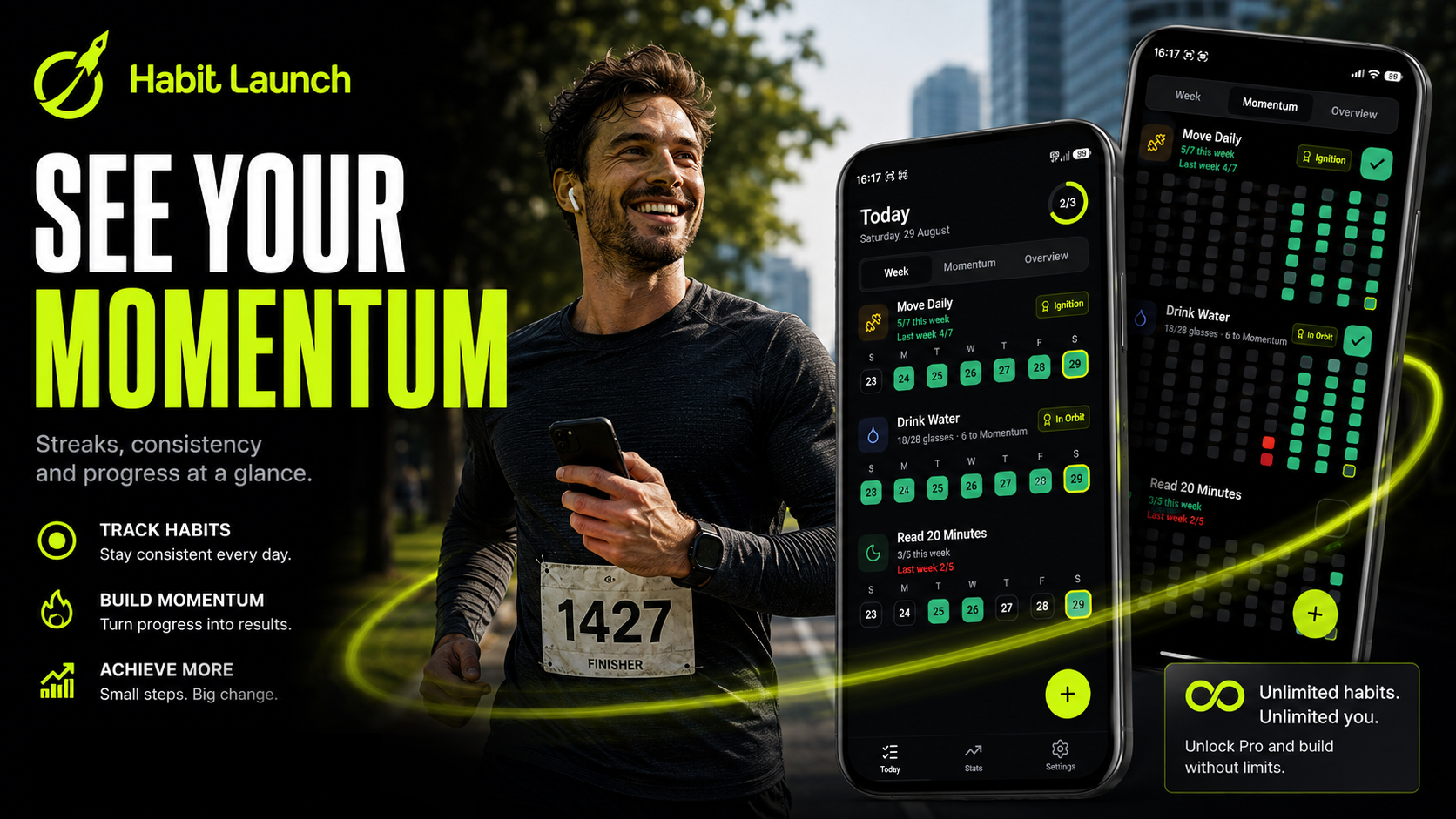 Habit Launch app promotional banner showing habit tracking and momentum screens on smartphones