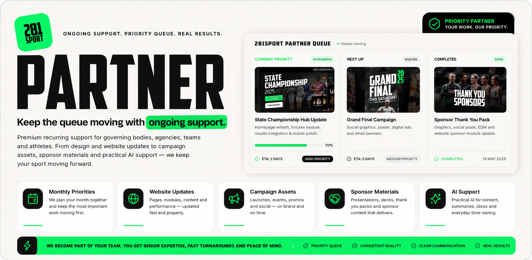 281Sport Partner — ongoing monthly design, website and campaign support with a priority queue