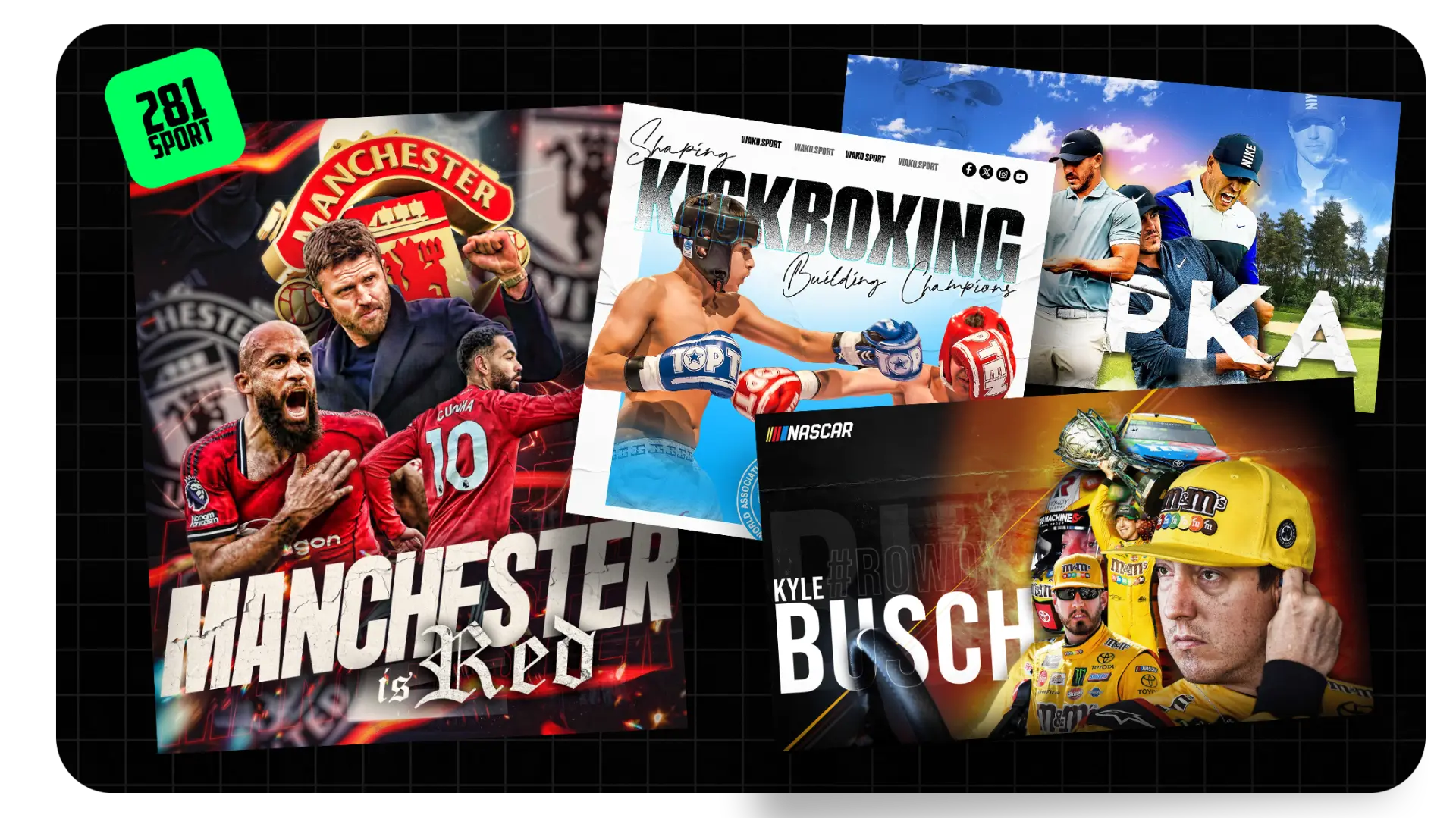 Sports social media graphics for football, kickboxing, golf and motorsport campaigns