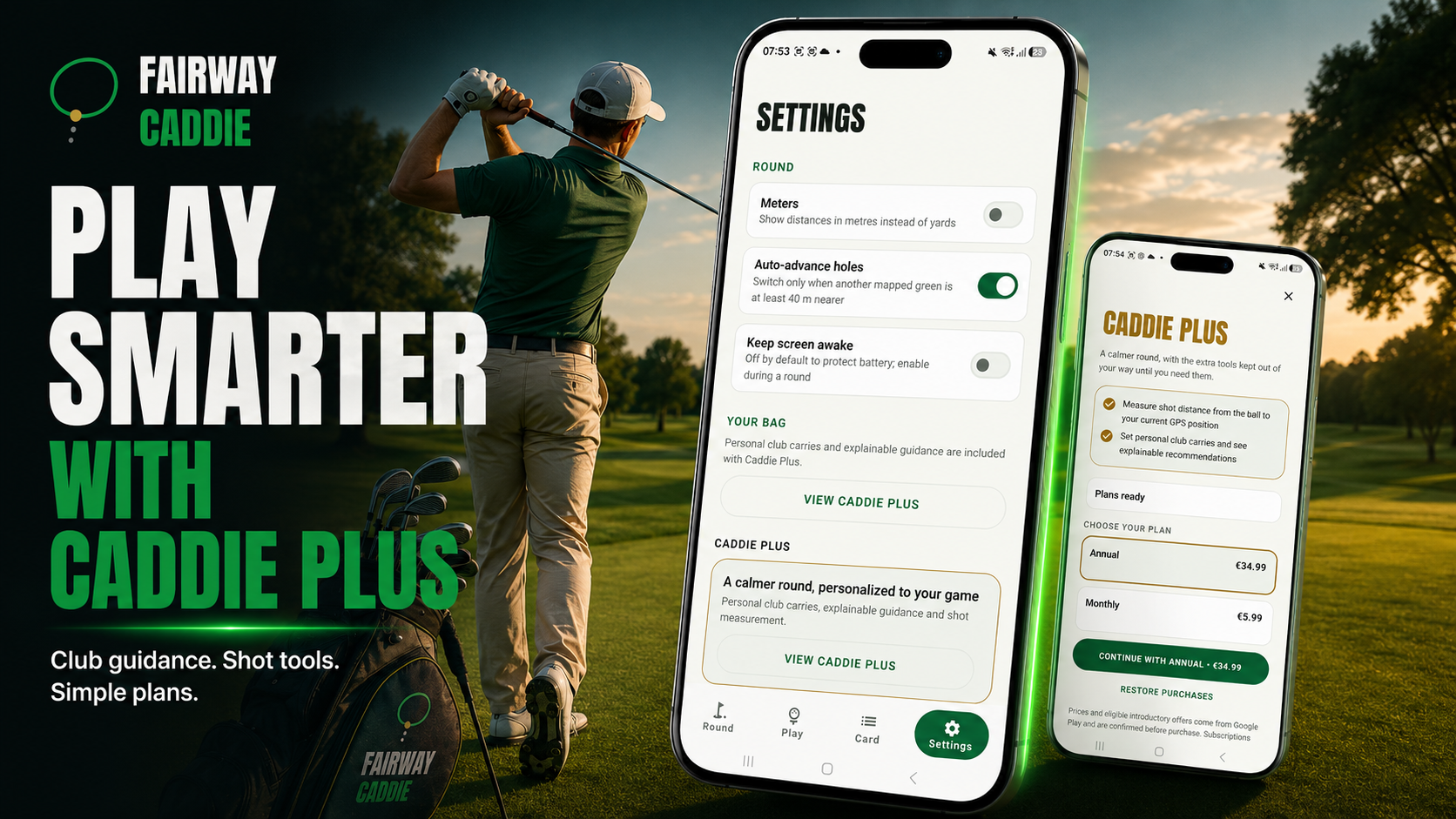Fairway Caddie golf app promotional banner showing the app interface on smartphones
