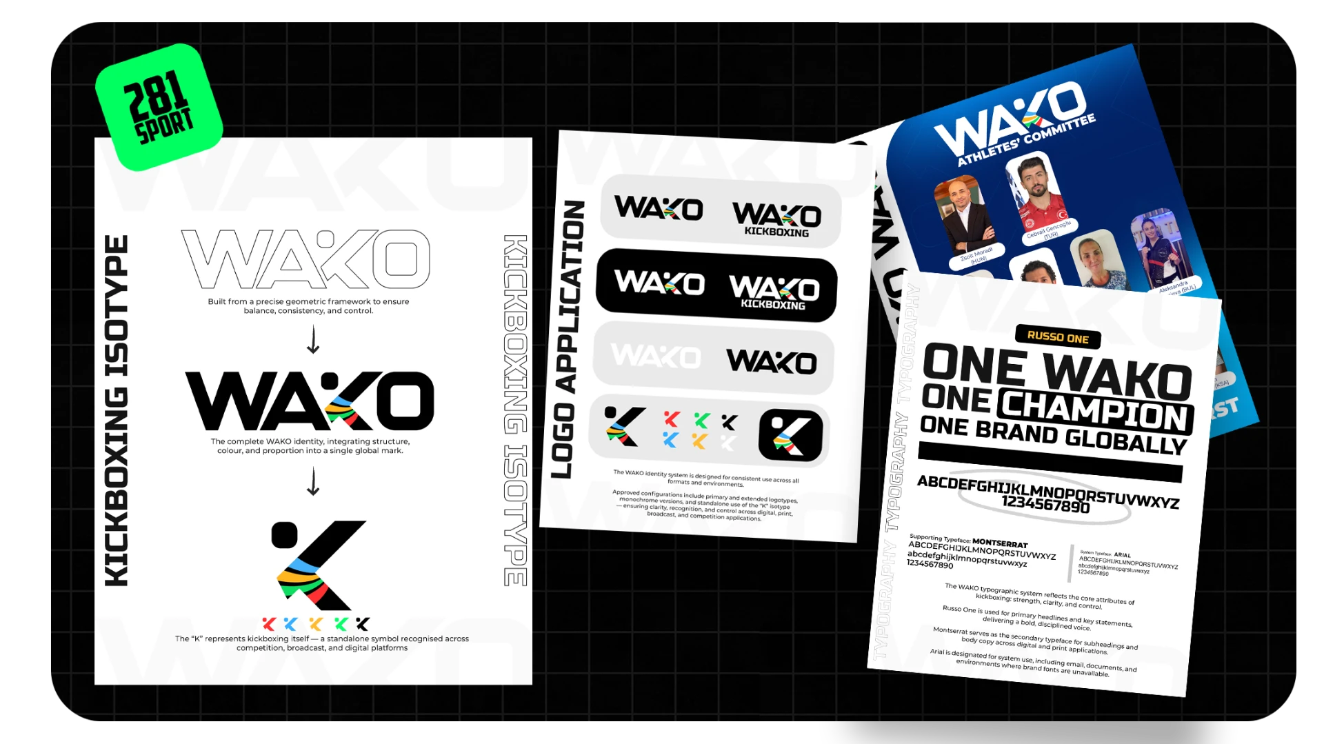 WAKO brand guidelines showing isotype, logo application and typography system